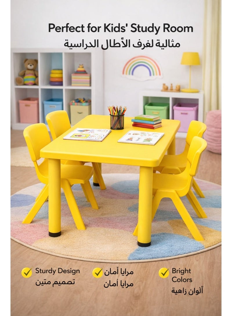 Funz Kids Rectangle Plastic Study Table & 4 Chairs Set for Home or School Size 120*60cm Height Adjustable Strong & Durable, Yellow - Image 3